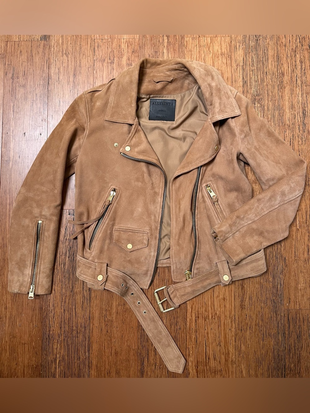 All Saints Women's Tan Suede Biker Moto Jacket